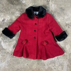 Vintage Rothschild Peacoat Girls 18M Red Wool Long Coat Lined Black Faux Fur